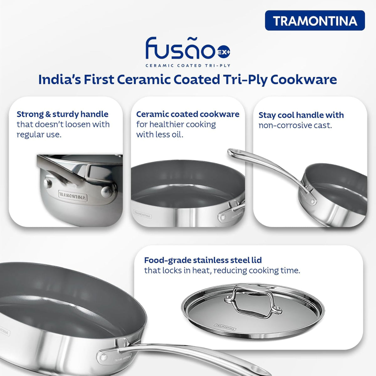 Tramontina Fusao EX+ 24cm Triply Ceramic Deep Sauté Pan with SS Lid