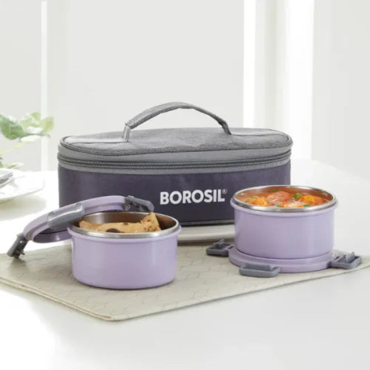 Borosil Glory Lavender Flat Stainless Steel Lunchbox