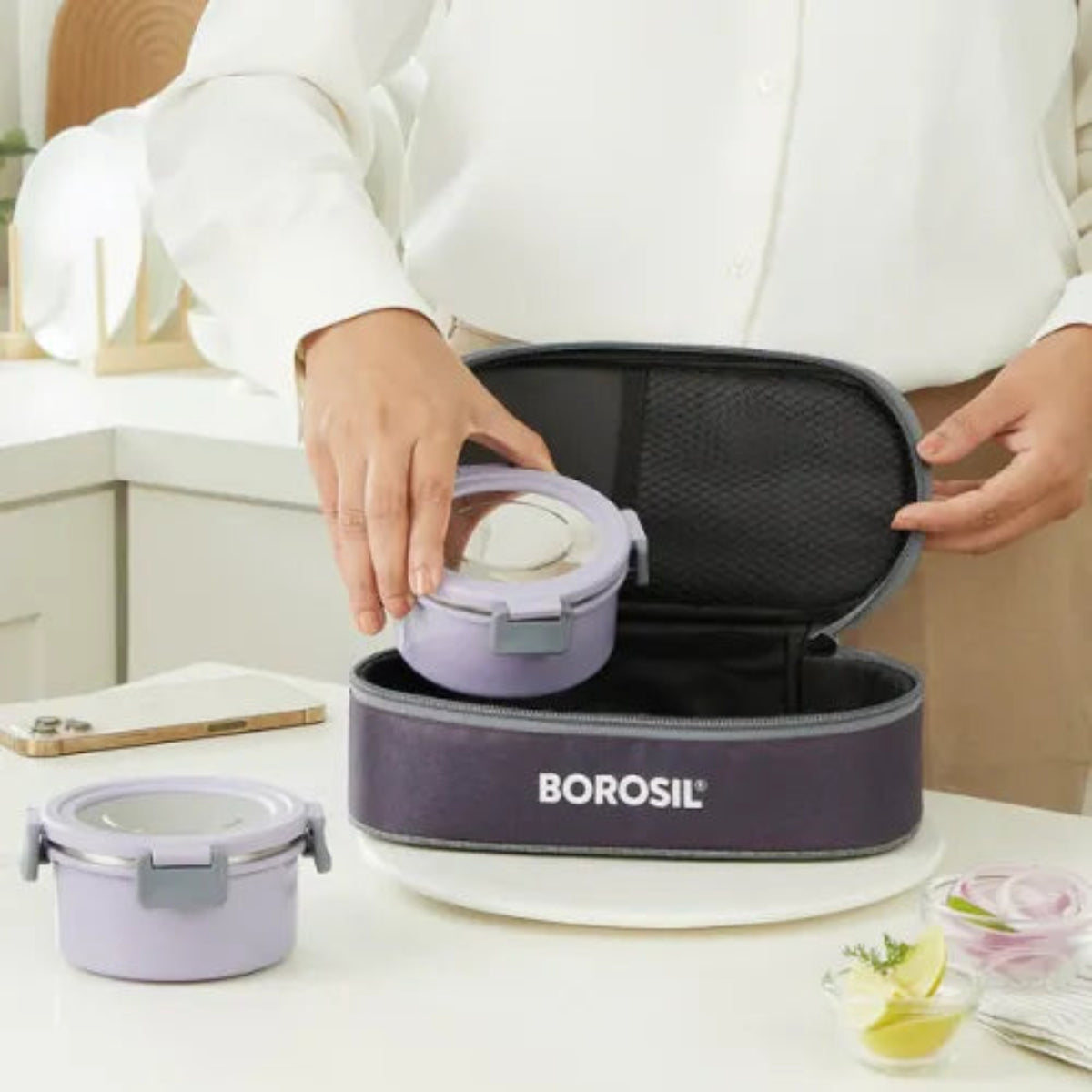 Borosil Glory Lavender Flat Stainless Steel Lunchbox