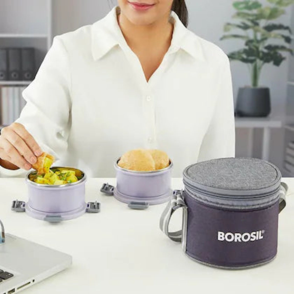 Borosil Glory Lavender Stainless Steel Lunchbox with Bag | 2 pcs Container Set (280ml Each) | Microwavable| Leakproof & Dishwasher Safe