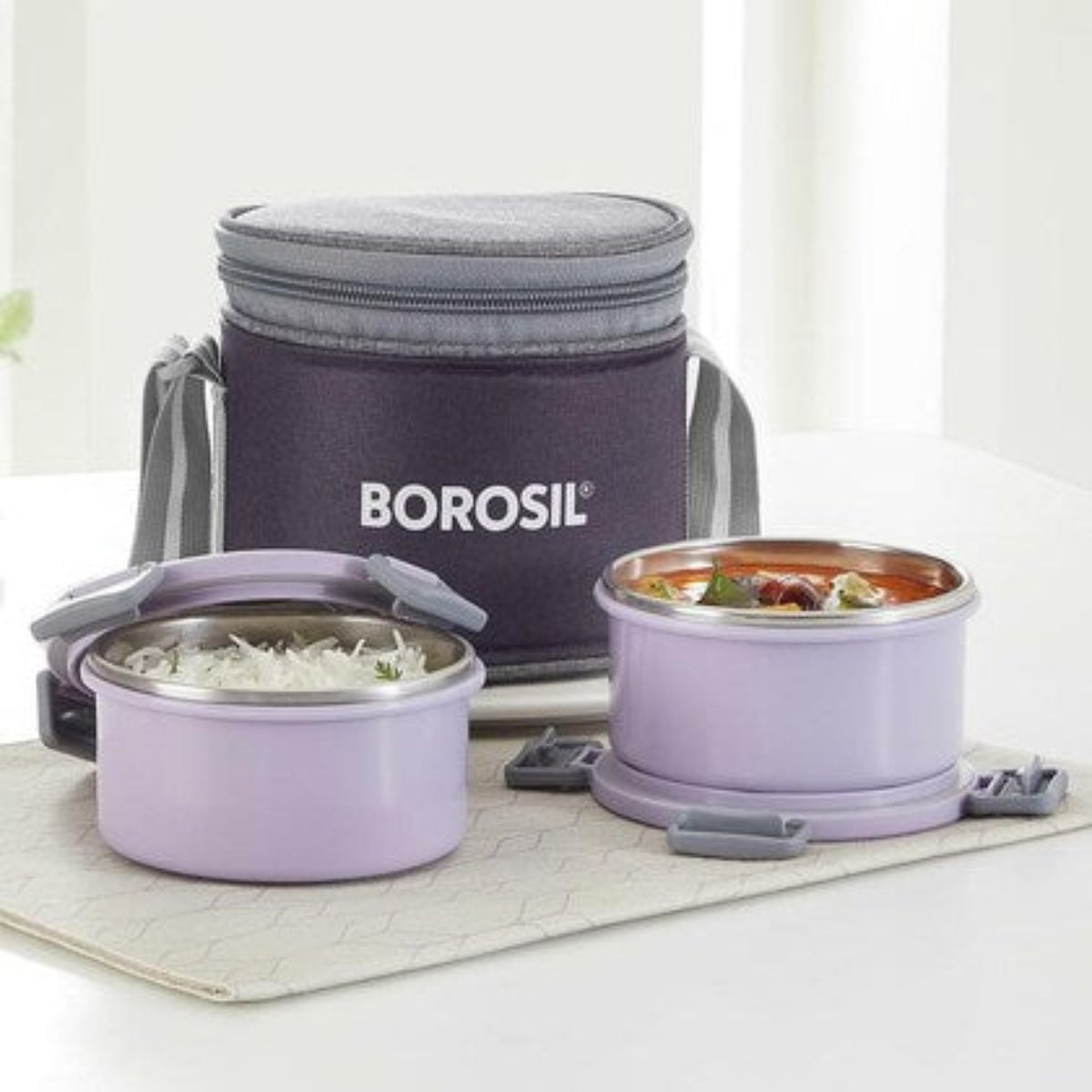 Borosil Glory Lavender Stainless Steel Lunchbox with Bag | 2 pcs Container Set (280ml Each) | Microwavable| Leakproof & Dishwasher Safe