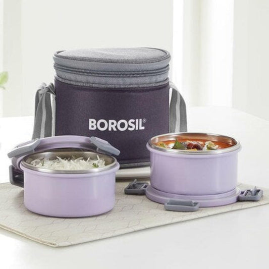 Borosil Glory Lavender Stainless Steel Lunchbox with Bag | 2 pcs Container Set (280ml Each) | Microwavable| Leakproof & Dishwasher Safe