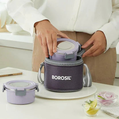 Borosil Glory Lavender Stainless Steel Lunchbox with Bag | 2 pcs Container Set (280ml Each) | Microwavable| Leakproof & Dishwasher Safe