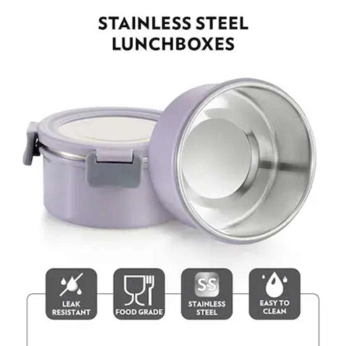 Borosil Glory Lavender Stainless Steel Lunchbox with Bag | 2 pcs Container Set (280ml Each) | Microwavable| Leakproof & Dishwasher Safe