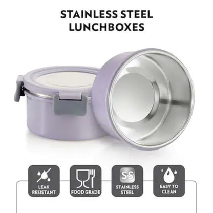 Borosil Glory Lavender Stainless Steel Lunchbox with Bag | 2 pcs Container Set (280ml Each) | Microwavable| Leakproof & Dishwasher Safe