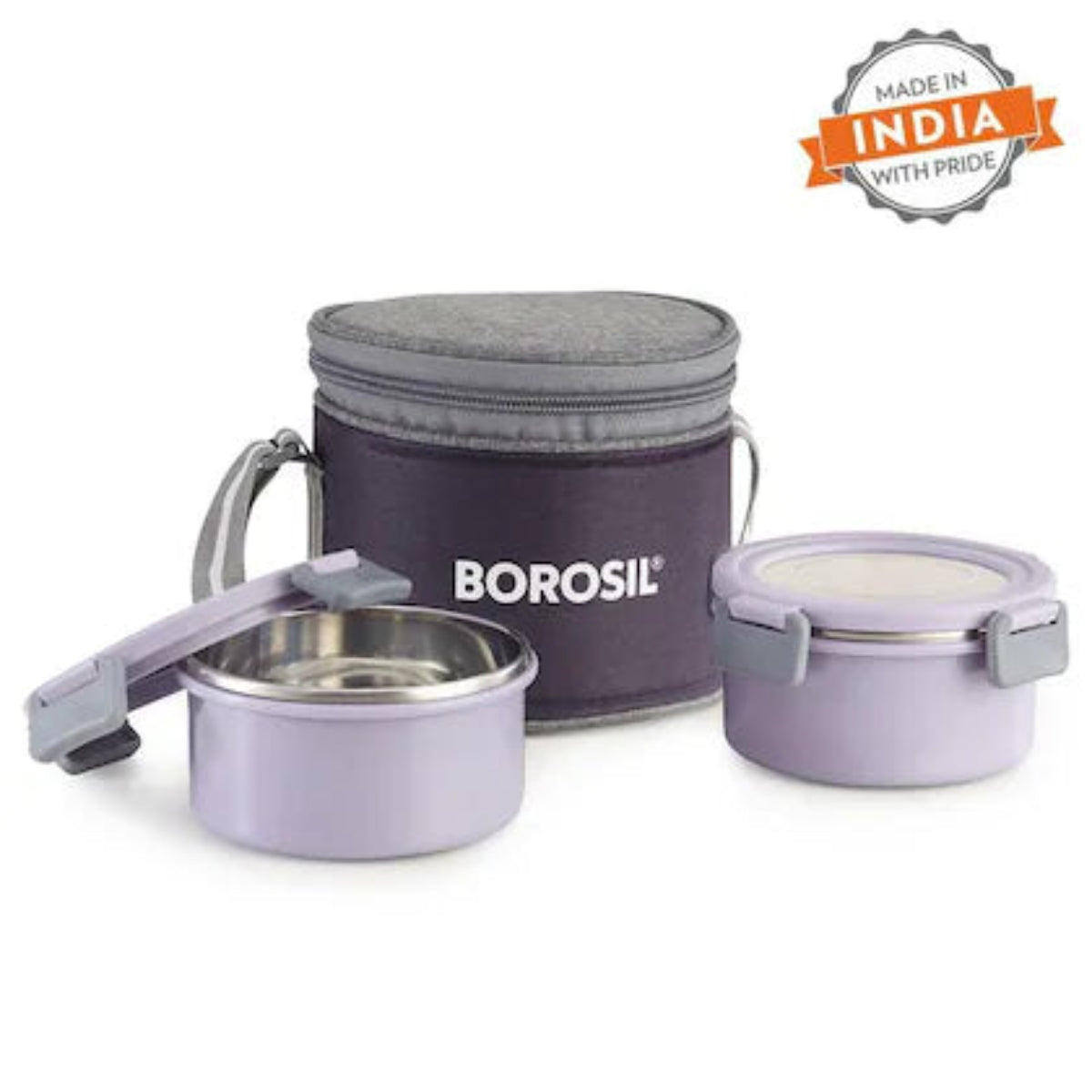 Borosil Glory Lavender Stainless Steel Lunchbox with Bag | 2 pcs Container Set (280ml Each) | Microwavable| Leakproof & Dishwasher Safe