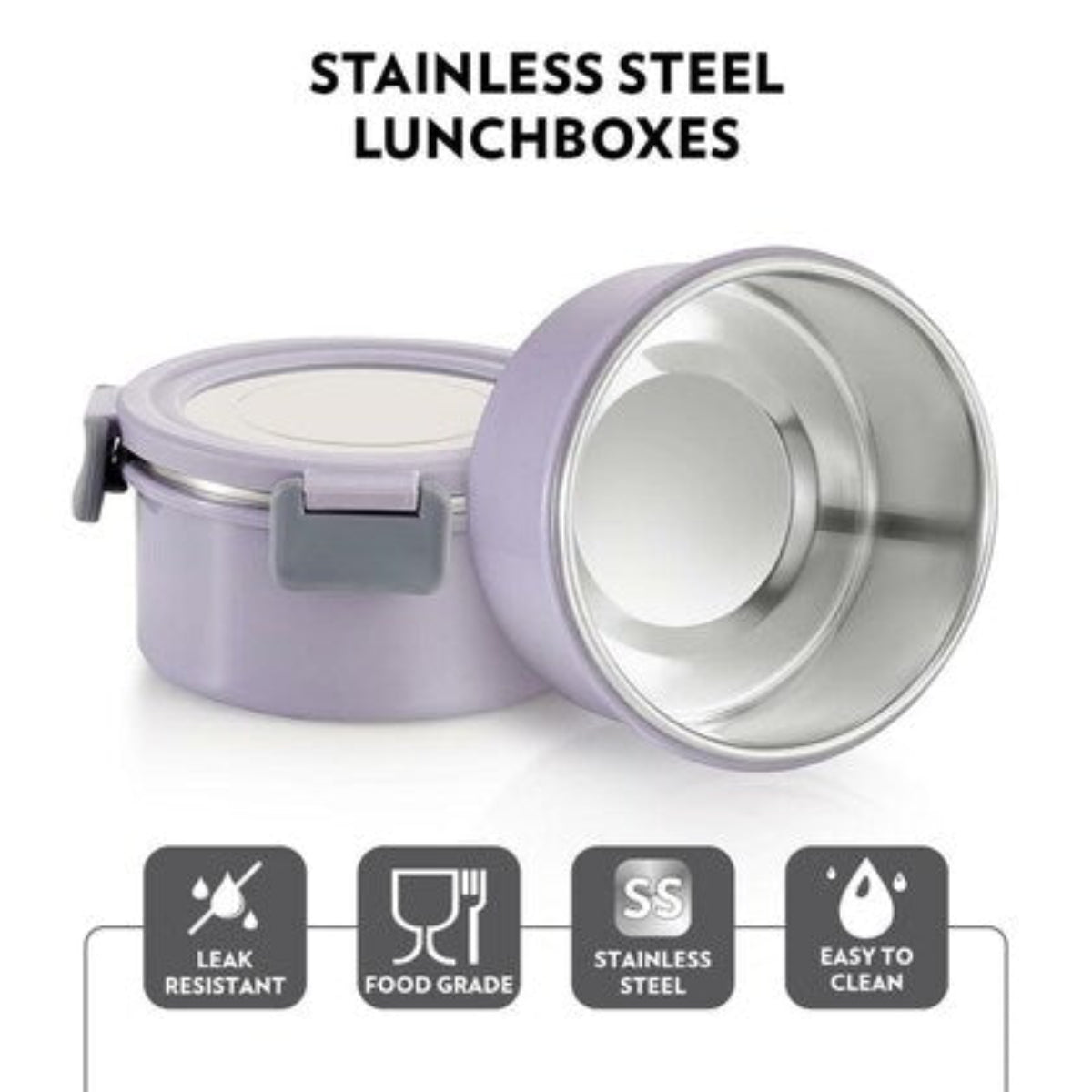 Borosil Glory Lavender Stainless Steel Lunchbox with Bag | 4 pcs Round Set (280ml x 2 + 460ml x 2) | Microwavable Tiffin with Food Grade Steel | Leakproof & Dishwasher Safe | 1 Year Warranty