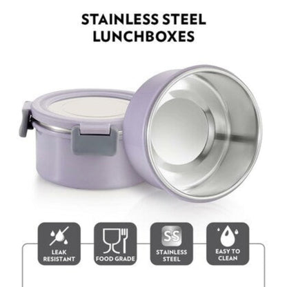Borosil Glory Lavender Stainless Steel Lunchbox with Bag | 4 pcs Round Set (280ml x 2 + 460ml x 2) | Microwavable Tiffin with Food Grade Steel | Leakproof & Dishwasher Safe | 1 Year Warranty
