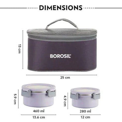 Borosil Glory Lavender Stainless Steel Lunchbox with Bag | 4 pcs Round Set (280ml x 2 + 460ml x 2) | Microwavable Tiffin with Food Grade Steel | Leakproof & Dishwasher Safe | 1 Year Warranty