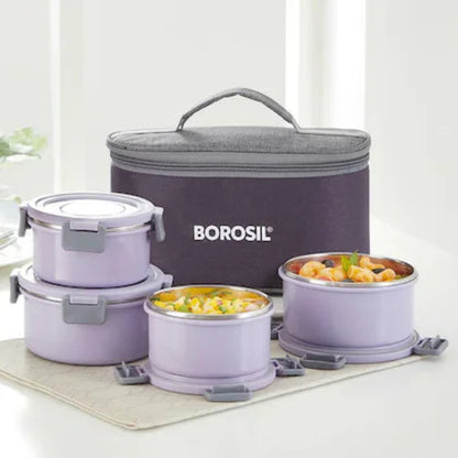 Borosil Glory Lavender Stainless Steel Lunchbox with Bag | 4 pcs Round Set (280ml x 2 + 460ml x 2) | Microwavable Tiffin with Food Grade Steel | Leakproof & Dishwasher Safe | 1 Year Warranty