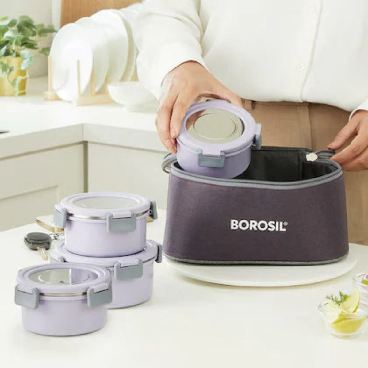 Borosil Glory Lavender Stainless Steel Lunchbox with Bag | 4 pcs Round Set (280ml x 2 + 460ml x 2) | Microwavable Tiffin with Food Grade Steel | Leakproof & Dishwasher Safe | 1 Year Warranty