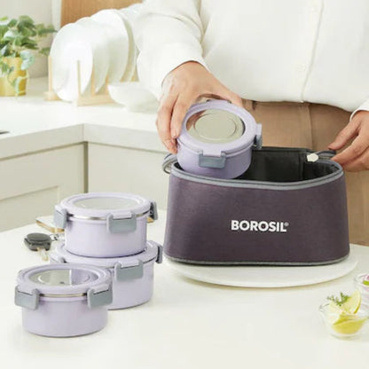 Borosil Glory Lavender Stainless Steel Lunchbox with Bag | 4 pcs Round Set (280ml x 2 + 460ml x 2) | Microwavable Tiffin with Food Grade Steel | Leakproof & Dishwasher Safe | 1 Year Warranty