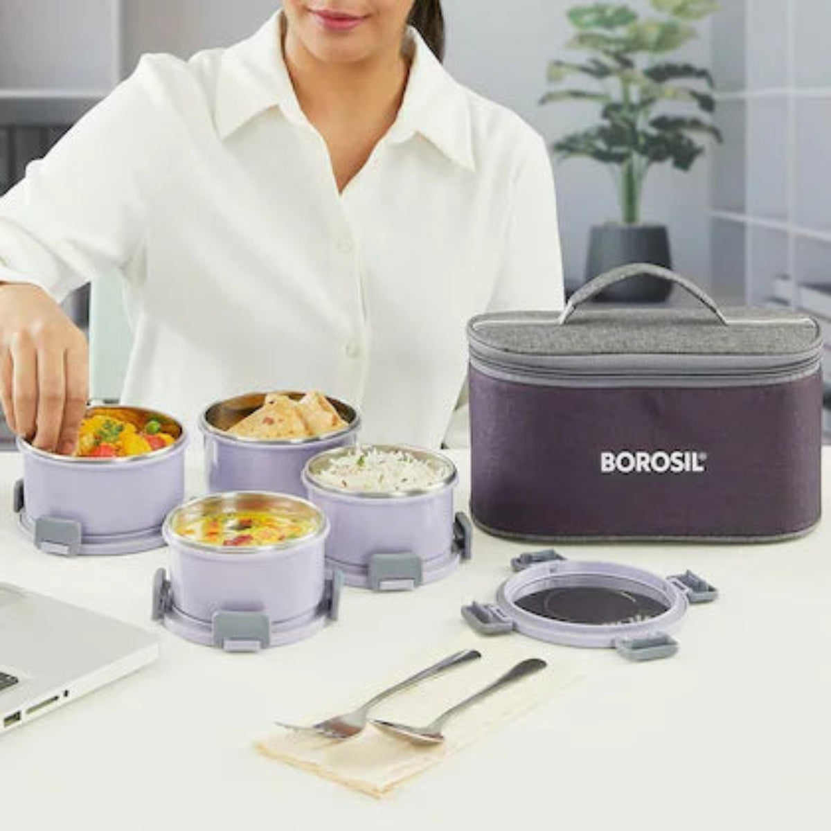 Borosil Glory Lavender Stainless Steel Lunchbox with Bag | 4 pcs Round Set (280ml x 2 + 460ml x 2) | Microwavable Tiffin with Food Grade Steel | Leakproof & Dishwasher Safe | 1 Year Warranty