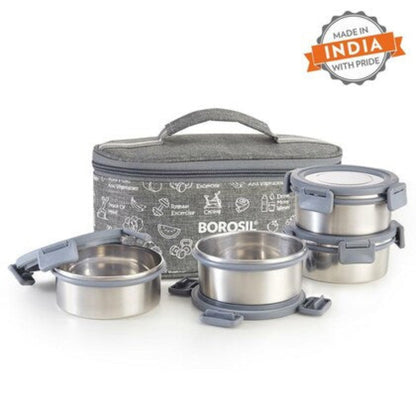 Borosil Slate Stainless Steel Lunch Box with Bag | 4 Pcs Round Container Set (280 ml Each) | Single Wall Lunch Box with Food Grade Steel | Leakproof & Dishwasher Safe | 1 Year Warranty