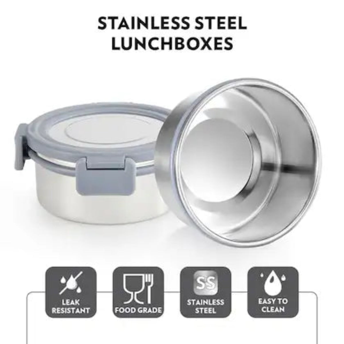 Borosil Slate Stainless Steel Lunch Box with Bag | 4 Pcs Round Container Set (280 ml Each) | Single Wall Lunch Box with Food Grade Steel | Leakproof & Dishwasher Safe | 1 Year Warranty