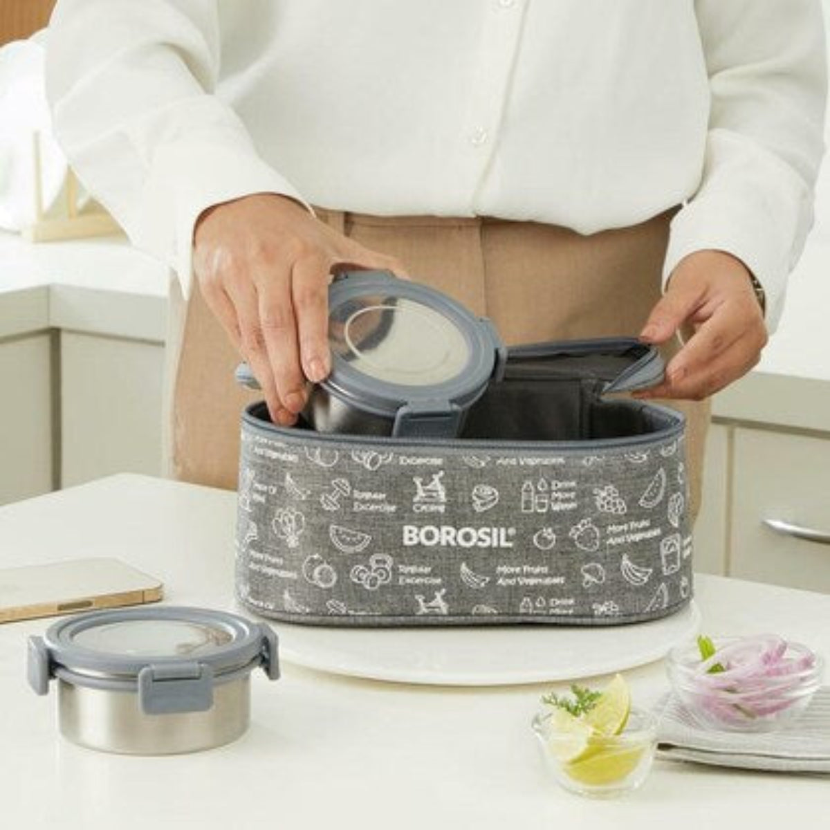 Borosil Slate Stainless Steel Lunch Box with Bag | 4 Pcs Round Container Set (280 ml Each) | Single Wall Lunch Box with Food Grade Steel | Leakproof & Dishwasher Safe | 1 Year Warranty