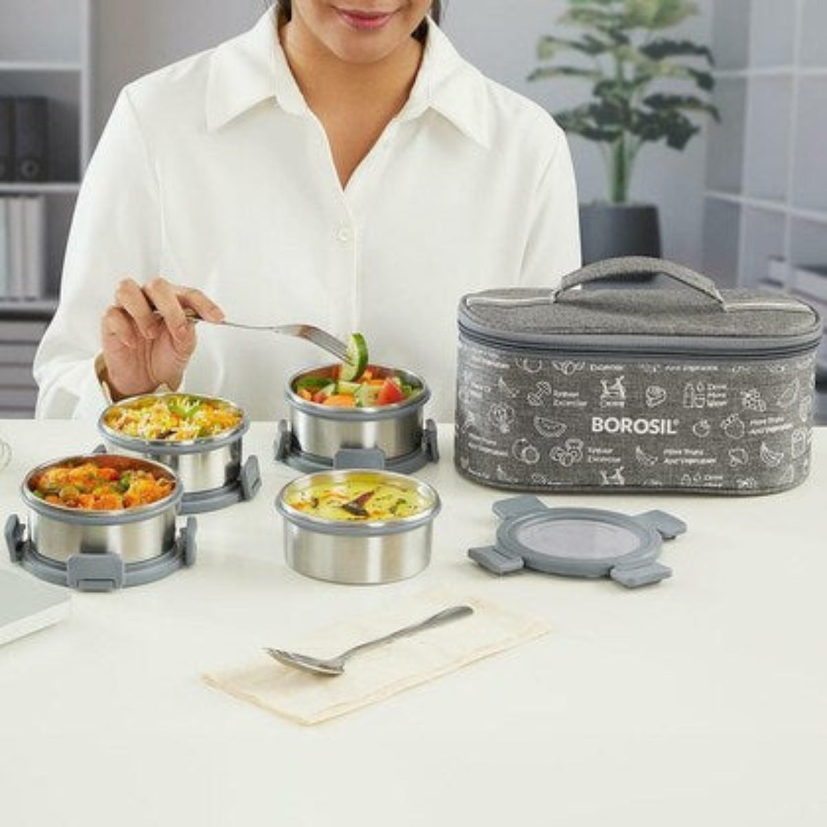 Borosil Slate Stainless Steel Lunch Box with Bag | 4 Pcs Round Container Set (280 ml Each) | Single Wall Lunch Box with Food Grade Steel | Leakproof & Dishwasher Safe | 1 Year Warranty