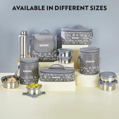 Borosil Slate Stainless Steel Lunch Box with Bag | 4 Pcs Round Container Set (280 ml Each) | Single Wall Lunch Box with Food Grade Steel | Leakproof & Dishwasher Safe | 1 Year Warranty