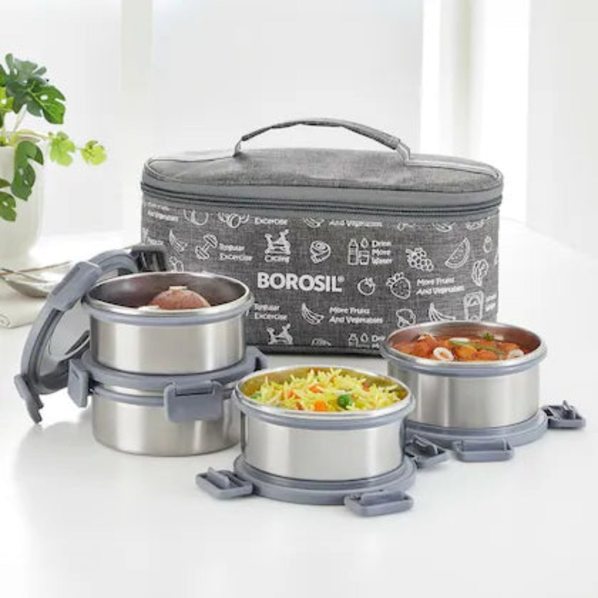 Borosil Slate Stainless Steel Lunch Box with Bag | 4 Pcs Round Container Set (280 ml Each) | Single Wall Lunch Box with Food Grade Steel | Leakproof & Dishwasher Safe | 1 Year Warranty