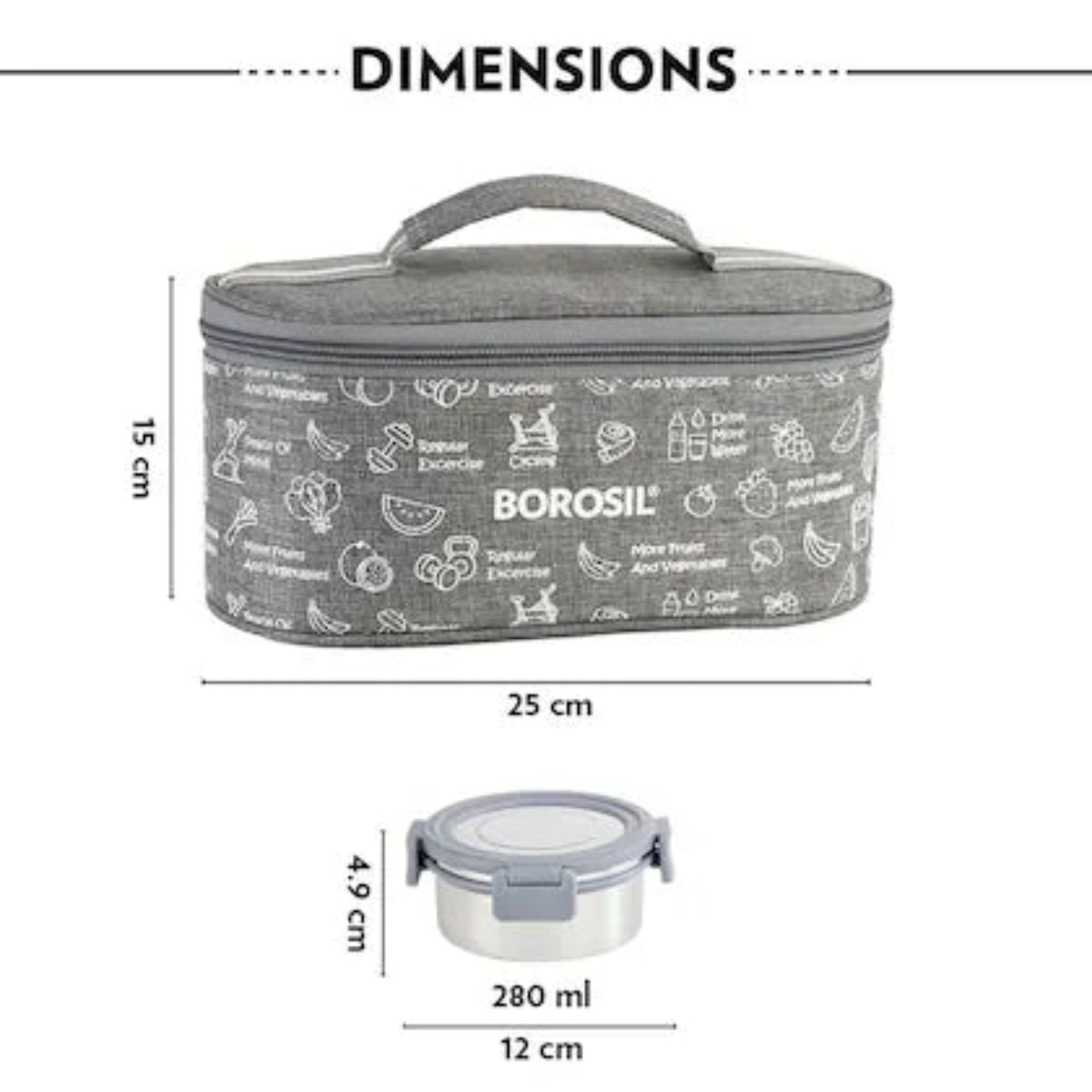 Borosil Slate Stainless Steel Lunch Box with Bag | 4 Pcs Round Container Set (280 ml Each) | Single Wall Lunch Box with Food Grade Steel | Leakproof & Dishwasher Safe | 1 Year Warranty