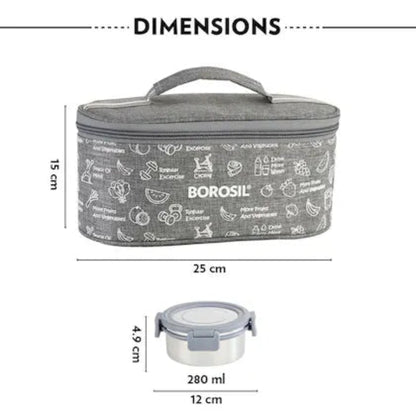 Borosil Slate Stainless Steel Lunch Box with Bag | 4 Pcs Round Container Set (280 ml Each) | Single Wall Lunch Box with Food Grade Steel | Leakproof & Dishwasher Safe | 1 Year Warranty