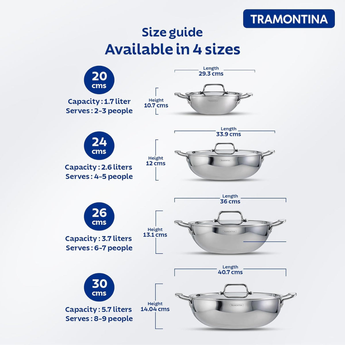 Tramontina Fusao EX+ Ceramic Stainless Steel Tri-Ply Kadai with SS Lid