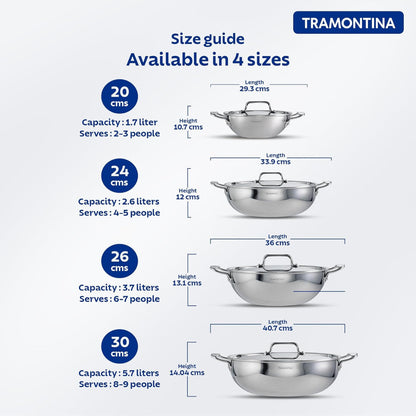 Tramontina Fusao EX+ Ceramic Stainless Steel Tri-Ply Kadai with SS Lid