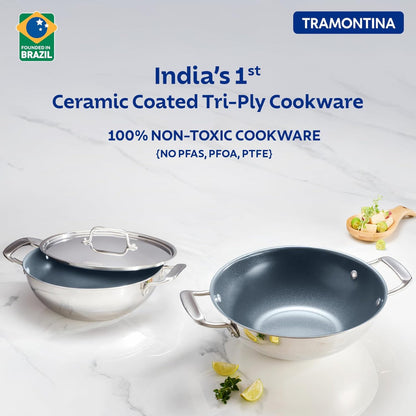 Tramontina Fusao EX+ Ceramic Stainless Steel Tri-Ply Kadai with SS Lid
