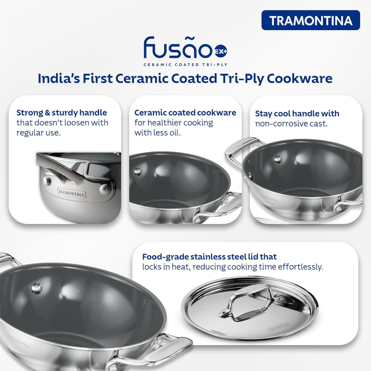 Tramontina Fusao EX+ Ceramic Stainless Steel Tri-Ply Kadai with SS Lid