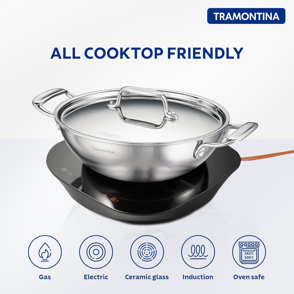 Tramontina Fusao EX+ Ceramic Stainless Steel Tri-Ply Kadai with SS Lid