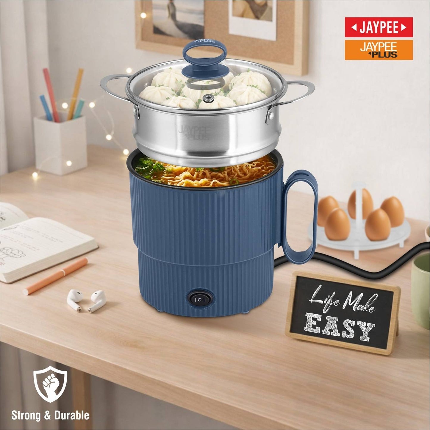 Jaypee Plus Steam & Cook Multi Purpose Electric Steamer 1.2 Litres for cooking Instant Noodles, Vegetables Soup, Momo Maker With Glass Lid, Blue