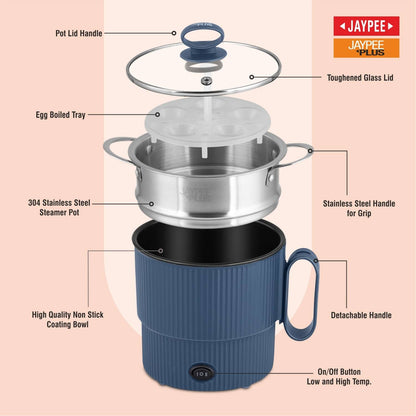 Jaypee Plus Steam & Cook Multi Purpose Electric Steamer 1.2 Litres for cooking Instant Noodles, Vegetables Soup, Momo Maker With Glass Lid, Blue
