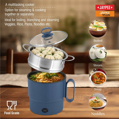 Jaypee Plus Steam & Cook Multi Purpose Electric Steamer 1.2 Litres for cooking Instant Noodles, Vegetables Soup, Momo Maker With Glass Lid, Blue