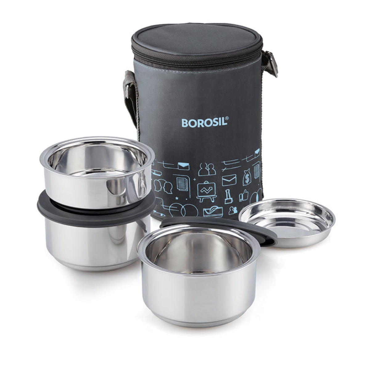 Borosil Carryfresh Insulated SS Lunchbox, Set of 3, (280ml x 2) + 180ml