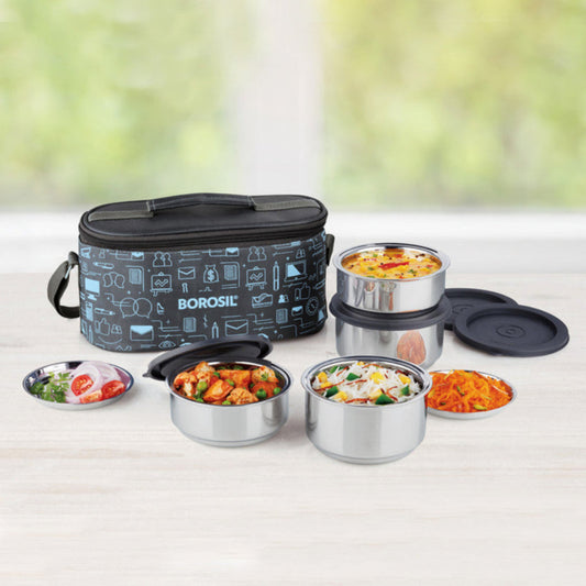 Borosil Carryfresh SS Insulated Lunchbox, Set of 4, (280ml x 2) + (180ml x 2)