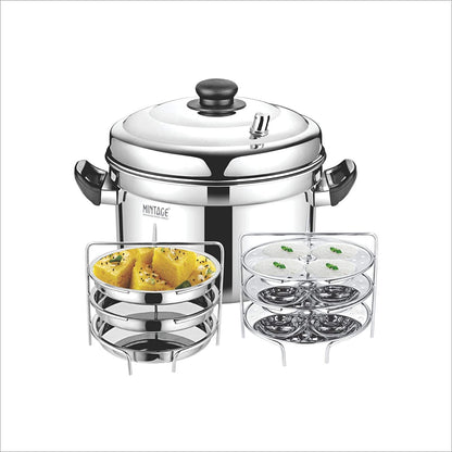 Mintage Stainless Steel Idli N Dhokla maker Set | 12 pcs idli + 3 pcs dhokla plate set